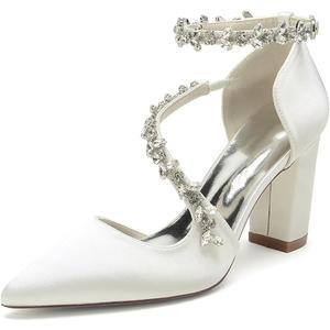 Block Heel Wedding Shoes for Bride Pointed Toe Rhinestones Strappy Bridal Heels Evening Formal Dress Shoes (7, Ivory)