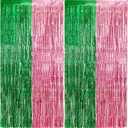 2 Pack Pink and Green Party Decorations Tinsel Foil Fringe Backdrop 3.3x6.6, Wicked Party & Halloween Streamer, Durable Metallic Tassel Create Photo Booth & Entrance