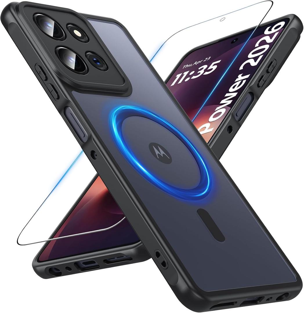 Hensinple Magnetic for Motorola Moto G Power 2026 Case, for Moto G Power 2025 Case with Screen Protector [Compatible with MagSafe], Translucent Slim Shockproof Protective Cases, Black