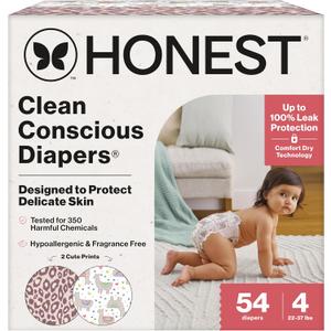 The Honest Company Clean Conscious Diapers for Delicate Skin | Up to 100% Leakproof | Hypoallergenic, Fragrance Free | Girl Prints | Club Box, Size 4 (22-37 lbs), 54 Count (Prints May Vary) (Wild Thang + All the Alpacas)