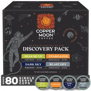 Copper Moon K-Cup Coffee Pods, Discovery Variety Pack, 80 Count | 20 Light Roast Bean Me Up, 20 Medium Roast Stargazer, 20 Dark Roast Dark Sky, 20 Strong Roast Blast Off, For K-Cup Brewers (EXP 05/20/28)