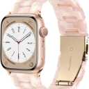 Lerobo Resin Watch Band Compatible with Apple Watch Series 11/10/9/8/7/6/5 38mm 40mm 41mm 42mm 44mm 45mm 46mm for Women Men, Tortoise Bracelet Lightweight Strap for iWatch (Floral Pink-Rose Gold)