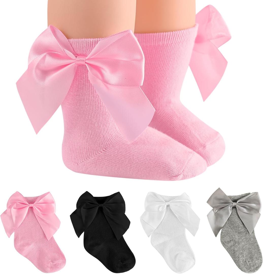 SAOROPEB 4-Pair Baby Girls Socks, Non-Slip Grips for Babies Toddler, Ankle Socks for Girls (0-12 Months, Bow)