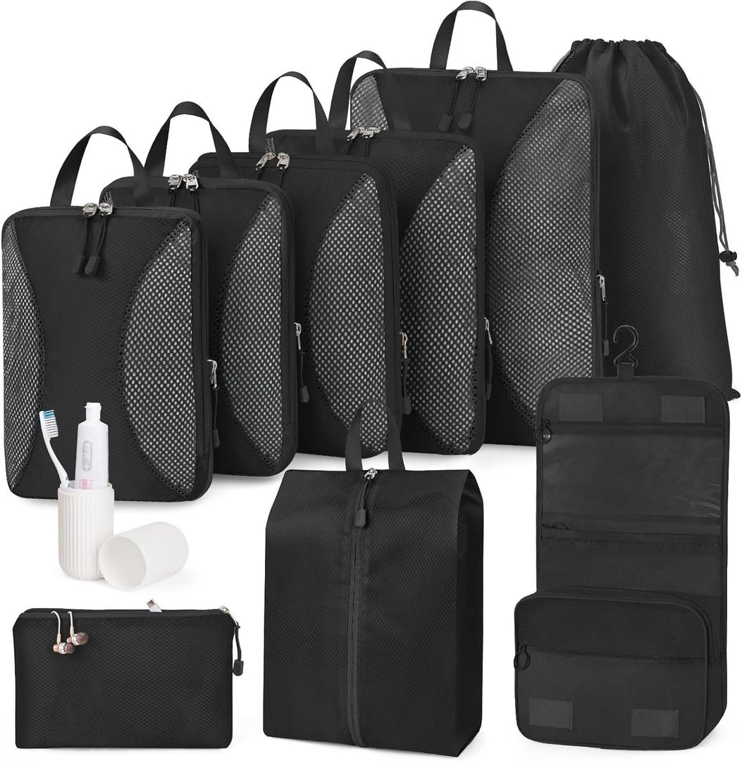 TRMFUSA Compression Packing Cubes 8 Set, Suitcase Organizers, Extendable Packing Cubes, Black