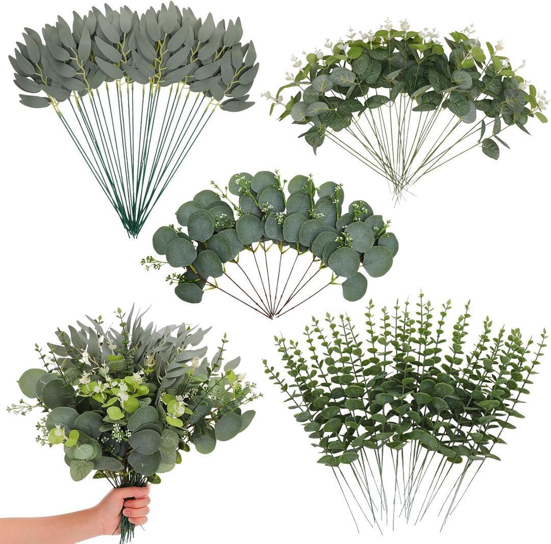 Artificial Eucalyptus Stems Bulk - 4 Kinds Mixed Realistic Greenery with Bendable Stems, Waterproof Silver Dollar Silk Eucalyptus for Wedding Bouquet, Floral Arrangement, Vase Home Decor