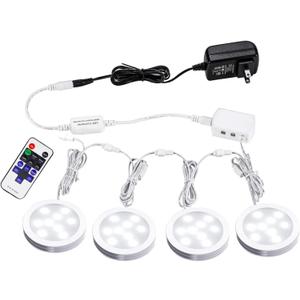 AIBOO Linkable LED Under Cabinet Lights 12V Slim Aluminum Dimmable Puck Lights with RF Remote Control & ETL Listed Power Adapter for Accent Display Lighting (4 Lights, Daylight White)
