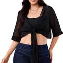 Women's Plus Size Sheer Mesh Chiffon Blouses Tie Front Half Sleeve Crop Cardigan Shrug (Black, L)