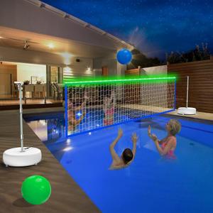 LED Pool Volleyball Net Set with Solar Powered Lights|15ft-32ft Adjustable Volleyball Net for Inground Pool, Kids Adults Water Volleyball Net Game Toy with 2 Ball & Pump for Pool Backyard Party