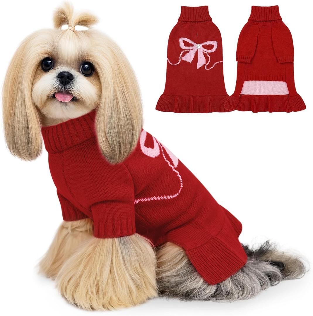 WOYYHO Dog Sweater for Small Dogs Girl, Red Knitted Sweaters Dress with Bow Pattern & Turtleneck, Winter Puppy Clothes with Leash Hole & Long Sleeve for Chihuahua, Yorkie, Maltese (Size S)