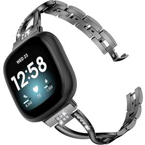 Wearlizer Metal Band Compatible with Fitbit Versa 4/Versa 3/Sense/Sense 2 Bands for Women, Dressy Stainless Steel Bling Rhinestone Link Bracelet Wristband Replacement Strap, Black