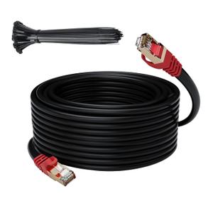 Cat 6E Cat 7 Outdoor Ethernet Cable 100 FT,Adoreen 10Gbps Heavy-Duty Shielded Internet Cable From 25-300FT,POE,SFTP,Waterproof Direct Burial&Indoor,Cat6A Cat7 Copper Network Cable RJ45 Patch Cord+Ties (Black)