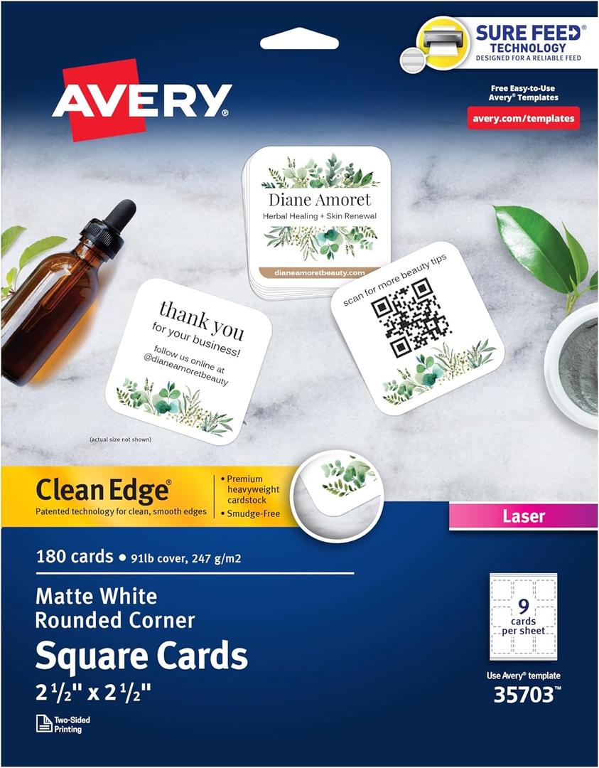 Avery Clean Edge Printable Square Cards with Sure Feed Technology, Rounded Corners, 2.5" x 2.5", White, 180 Blank Cards for Laser Printers (35703)