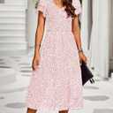 BTFBM Women Casual Summer Short Ruffles Tiered Sleeve Smocked Midi Dresses Bohemian Floral V Neck Wedding Guest Long Dresses (Pink, M)