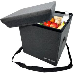 HAKOWARE 12x12x12 Gray Collapsible Cooler Seat, Insulated, Portable, Foldable Box for Hot and Cold Food Drinks, Shoulder Strap, Reusable Clear Bag, Picnic, Grocery, Snacks