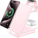 Wireless Charging Station,3 in 1 Charging Stand Made for Apple Watch Ultra 10 9 8 7 6 SE 5 4 3,Fast Wireless Charger Made for iPhone 16/15/14/13/12/11/X,for AirPods Pro(with Adapter) (Pink)