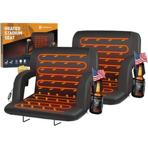 HOPERAN Heated Stadium Seats for Bleachers with Back Support and Wide Cushion, Extra Portable Bleacher Seat Foldable Stadium Chair, USB 3 Levels of Heat, 5 Pockets for Outdoor Camping Games Sports (2pc Black)