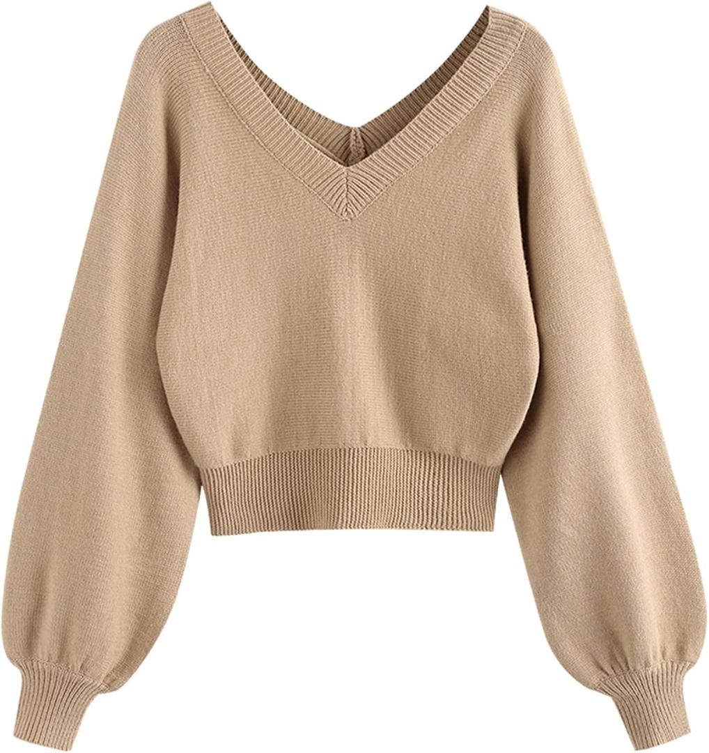 ZAFUL Women's Cropped Sweater V-Neck Long Sleeve Crop Sweater Pullover Jumper Knit Top (Beige, M)