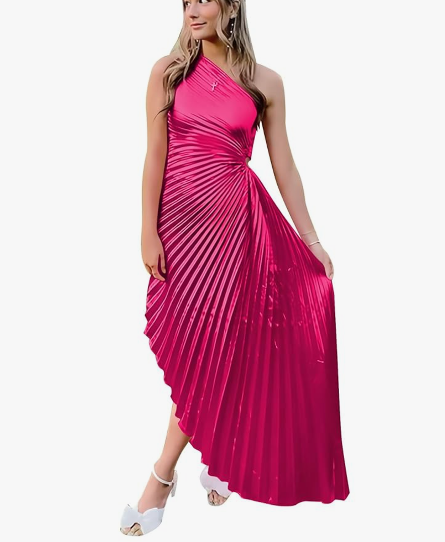 One Shoulder Ruched Bridesmaid Dressses for Women Pleated Satin Maxi Formal Evening Dress, S/M
