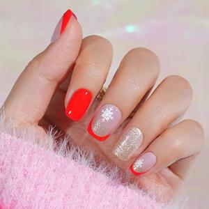 Red Press On Nails Short - Jofay Fashion French Tip Press On Nails, Acrylic Fake Nails with Snowflakes and Gold Glitter, Reusable False Nails Glue On Nails for Women, Stick On Nails Kit 32Pcs Pack of 2
