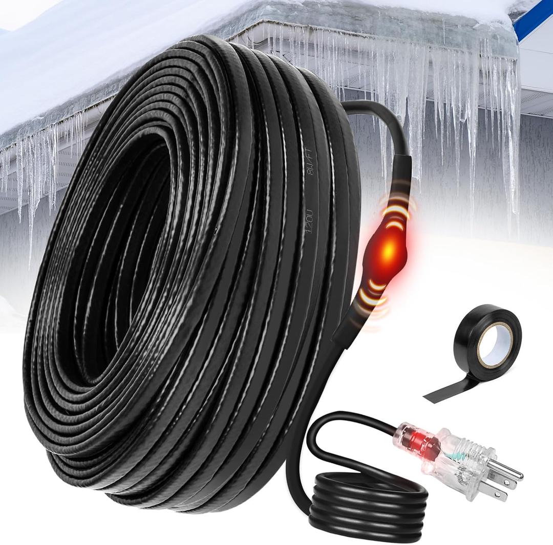 30FT Heat Tape Roof Snow De-Icing, Deicing Heating Cable,Pipe (Metal and Plastic) Freeze Protected Water Pipe Heating Cable, Self Regulating Temperature, with Mounting Buckle, 120V 8W/ft (Black)