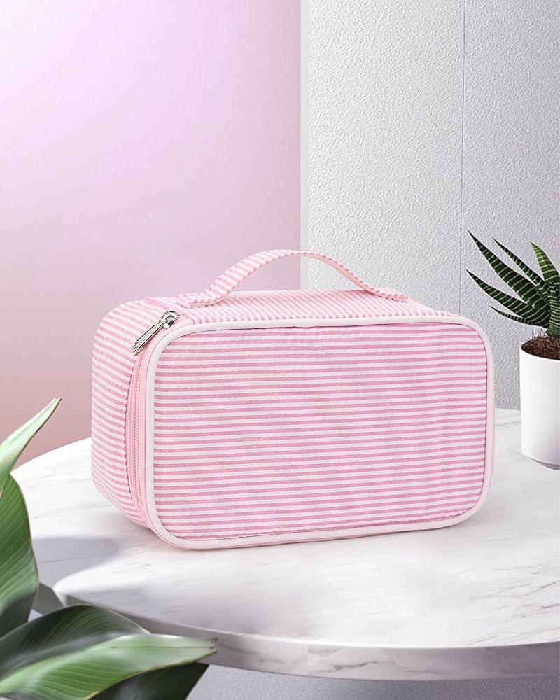 Cute Makeup Bag for Girls, Portable Pink Cosmetic Bag, Dual-layer Makeup Pouch with Brush Holder, Multi-Functional Preppy Toiletry Organizer for Travel, Daily Use