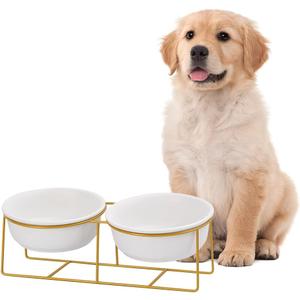 Large Small Double Elevated Dog Bowls - Raised Dog Bowl - Ceramic Dog Cat Bowl Set for Food and Water - Pet Comfort Feeding Bowls with Gold Iron Stand