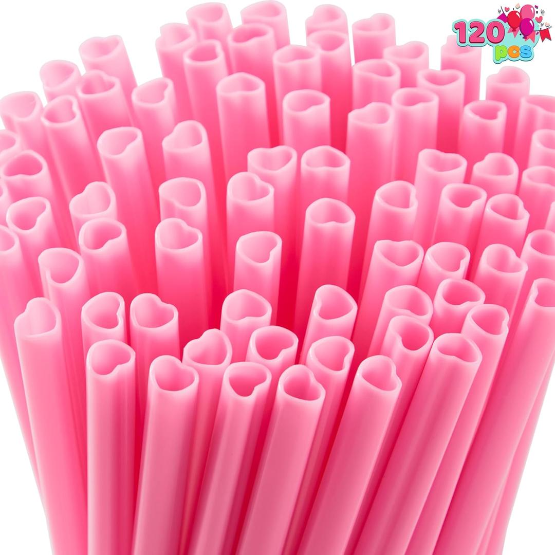 JOYIN 120 PCS Valentine Heart Shaped Pink Straws, Reusable Drinking Cute Straw for Valentine's day Cocktail, Birthday Party, Bridal Shower, Wedding Supplies, Valentine Party