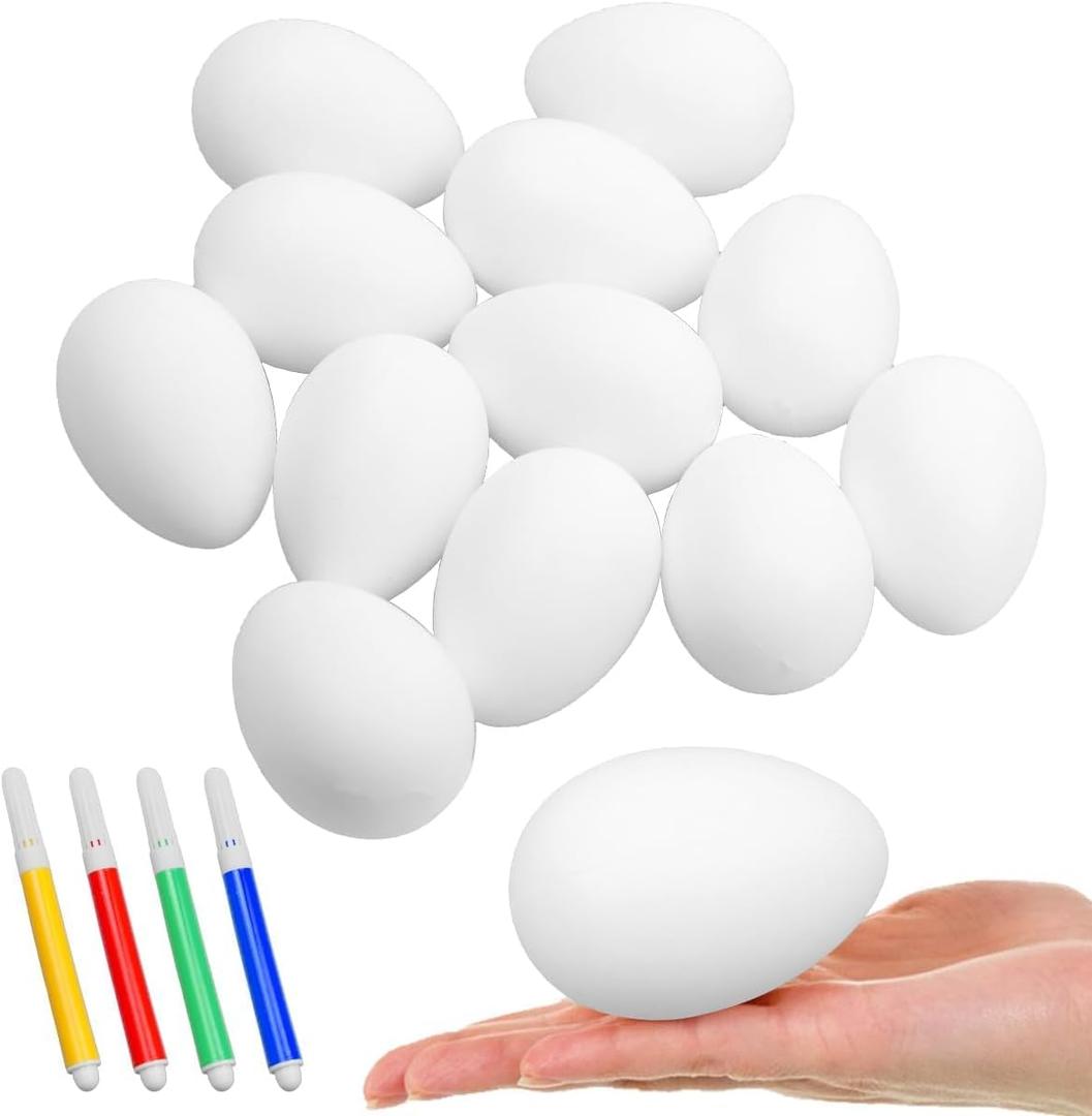 SHEHARUHI 12 Pcs White Blank Plastic Easter Eggs Kit with 4 Color Pens Bulk Decoration for Craft Hanging Artificial Eggs with Rope DIY Painting Decorating Basket Fillers Gift Easter Party Favors