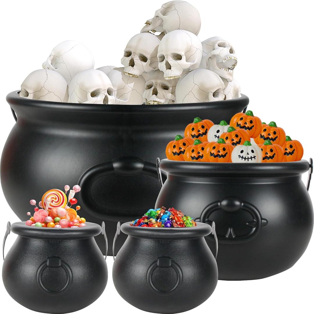 Halloween Large Cauldron Kettles, 4 in 1 [12.6"+7.7" +5.7"+ 5.7 "] Witch Cauldrons, Plastic Black Witch Pot, Treats & Punch Bowl, Candy Holder, Halloween Party Favor for Indoor Outdoor Decoration