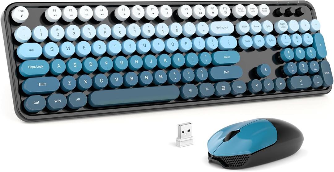MOFII Wireless Keyboard and Mouse Combo, 2.4GHz Retro Typewriter Keyboard Full Size, Cute Wireless Mice, USB Dongle Plug and Play, for Laptop, PC, Desktop, Windows (Black Blue Gradient Color)