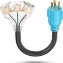 CircleCord 3 Prong Generator Distribution Adapter Cord, NEMA L5-30P Male to 3X 5-15R/5-20R T-Blade Household Outlet Female with Power Indicator, STW 10 Gauge 125V 3750W Blue