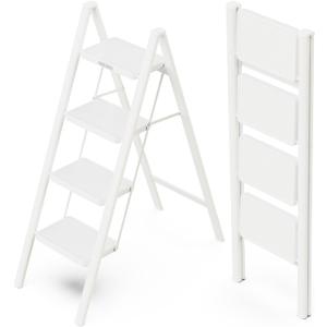 WOA WOA 4 Step Ladder, Folding Step Stool with Wide Pedals, Sturdy Steel Ladders with Anti-Slip Feet, Compact Kitchen Stepping Stool, Supports up to 330 lbs - White