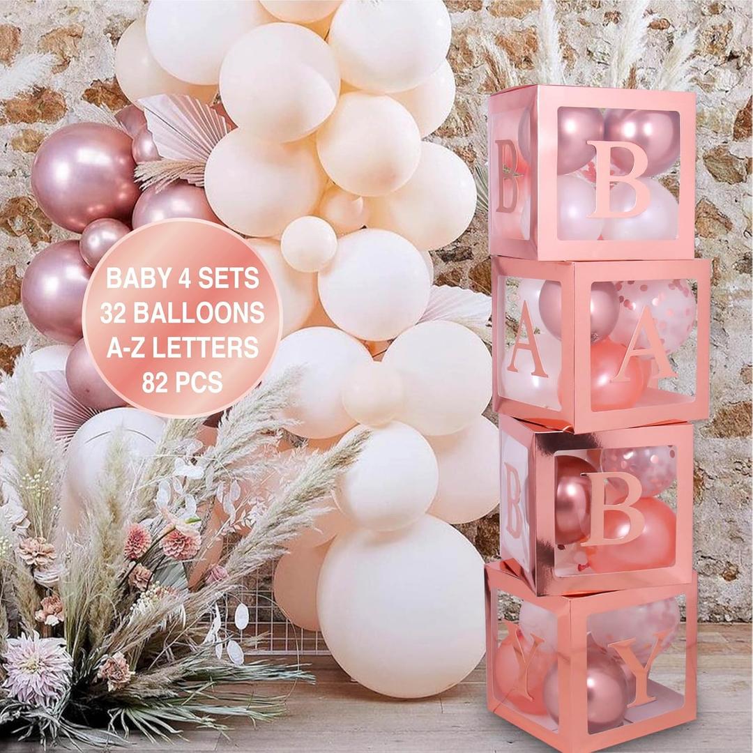 82PCS Rose Gold Baby Boxes with Letters for Baby Shower Decorations, Jumbo Clear Baby Blocks For Girl, Balloon Box Includes Alphabet Letters DIY, White Gold Balloons, Gender Reveal, Birthday Backdrop