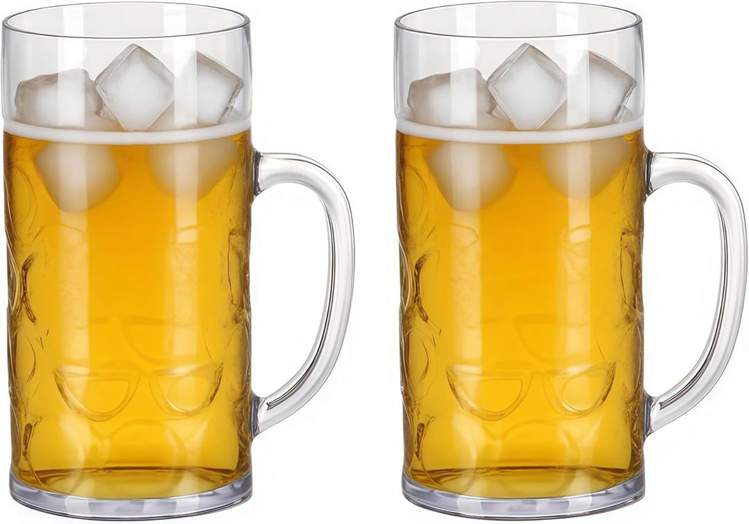 Komost 38oz Plastic Large Beer Mugs with Handle Set of 2, Reusable Beer Stein Drinking Glasses Cups for Party, Bar, Home, Hotel, Perfect for Whiskey, Juice, Cocktail Beverages