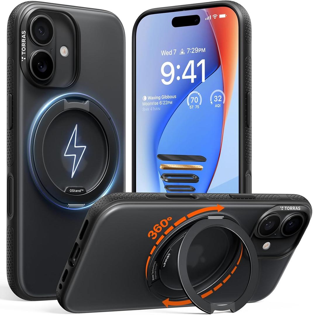 TORRAS 360 Magnetic Stand for iPhone 17 Case, [Rotatable Sturdy Kickstand][Fit for MagSafe][4X Mil-Grade Shockproof] Slim Translucent Phone Cover, Camera Button, Obsidian Black, Ostand O3 Fitness