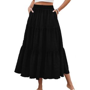 HUSKARY Women's Summer Casual Elegant Smock Layered Tiered Maxi Skirt High Waisted A Line Flowy Long Skirts with Pockets (Black, L)