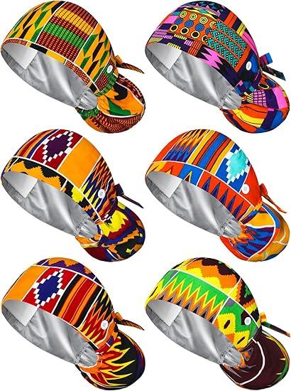 6 Pcs Satin Lined Scrub Caps Women Nurse Surgical Hat with Buttons Ponytail Working Adjustable Pouch Tie Back