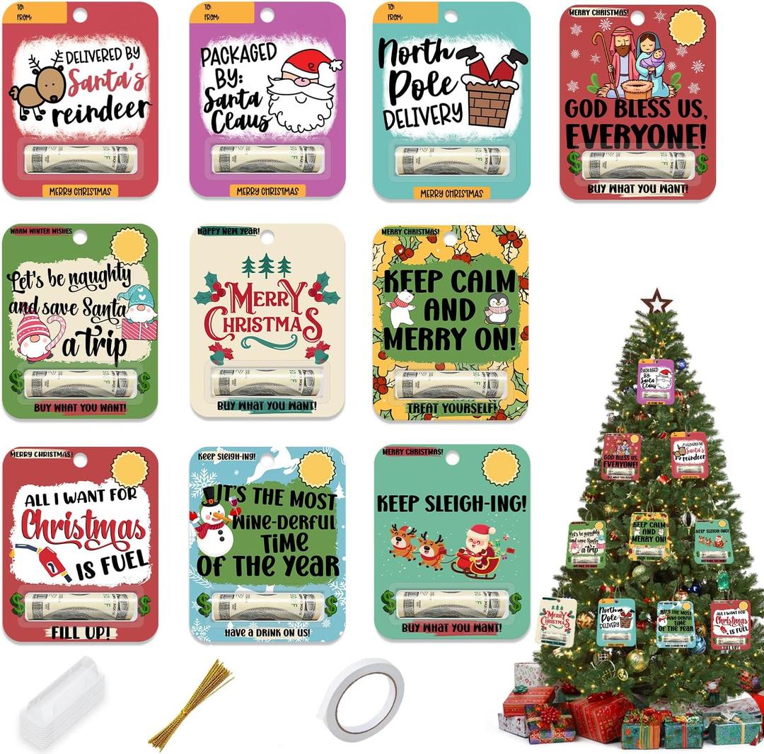 Christmas Money Holders for Cash Gift, 10 Pcs Funny Christmas Money Holder Ornaments, Unique Xmas Card with Plastic Dome, Lanyard and Adhesive for Xmas Tree Hanging Decorations (Colorful)