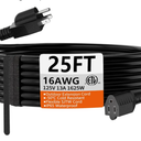 HUANCHAIN 25 FT 16 Gauge Black Indoor Outdoor Extension Cord Waterproof, Flexible Cold Weather 3 Prong Electric Cord Outside, 13A 1625W 125V 16AWG SJTW, ETL Listed