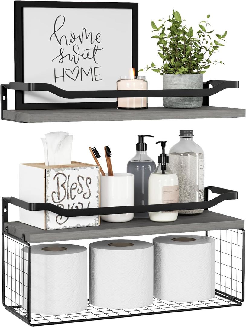 WOPITUES Floating Shelves with Wire Storage Basket, Bathroom Shelves Over Toilet with Protective Metal Guardrail, Wood Wall Shelves for Bathroom Organizers and Storage, Toilet Paper- Gray (15.7 inch, Modern Grey)