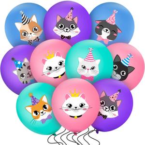 40 Pcs Cat Birthday Party Latex Balloons, Cute Cartoon Kitten Print Balloons Cat Party Decorations Animal Pet Birthday Supplies Favors for Decor, Blue Pink Purple and Green