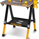 POWERTEC 2-in-1 Folding Work Table & Sawhorse – 1000 lb Capacity Portable Workbench with 8-Level Height Adjustment, Clamps, Bench Dogs & Expandable Support Platform (UT1015)