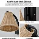 Boho Rattan Wall Sconce, Wrapped Wall Light Fixture with Hand Woven Wicker Lamp Shade, Hardwired Rustic Farmhouse Bedside Wall Mount Lighting Fixtures for Bedroom Living Room Hallway Bathroom Kitchen