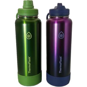ThermoFlask 40 oz Bottle with Spout and Straw Lid - Stainless Steel, Double-Wall Insulation & BPA-Free - Leakproof, Resuable - Forest Green/Purple Sunset (2 Pack)