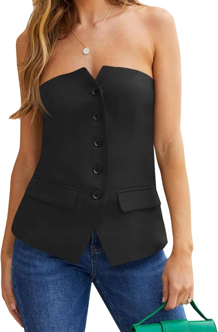 Cicy Bell Notched Neck Tube Tops Blazer Sleeveless Button Fitted Strapless Work Blazer Vest (S)
