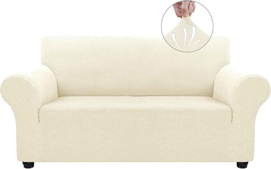 Asnomy Sofa Covers for 2 Cushion Couch Stretch loveseat Covers Slipcovers, Pet Protector Furniture Covers for Dogs Cats Spandex Jacquard Fabric Small Checks （Medium，Off-White）