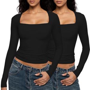 Enerful Women's Square Neck Long Sleeve T Shirts Sexy Slim Fit Crop Tops Basic Tees (Large, 2pack Black*2)