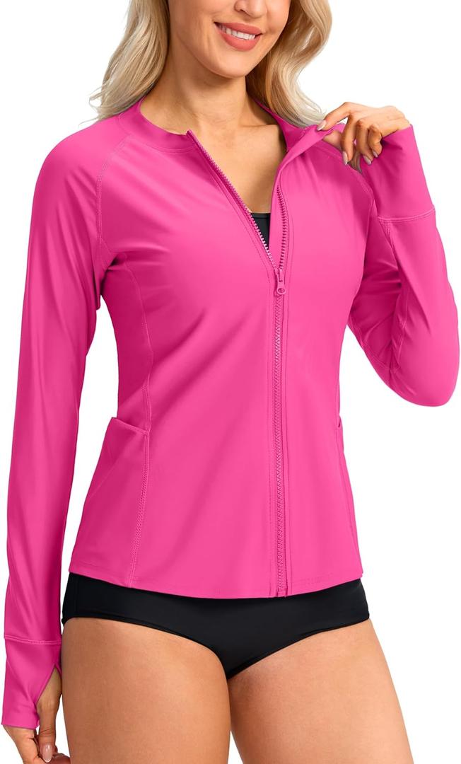 SANTINY Women's Rash Guard UPF50+ SPF UV Protection Long Sleeve Swimsuit Top with Pockets Zip Front Swim Shirts Woman (Medium)