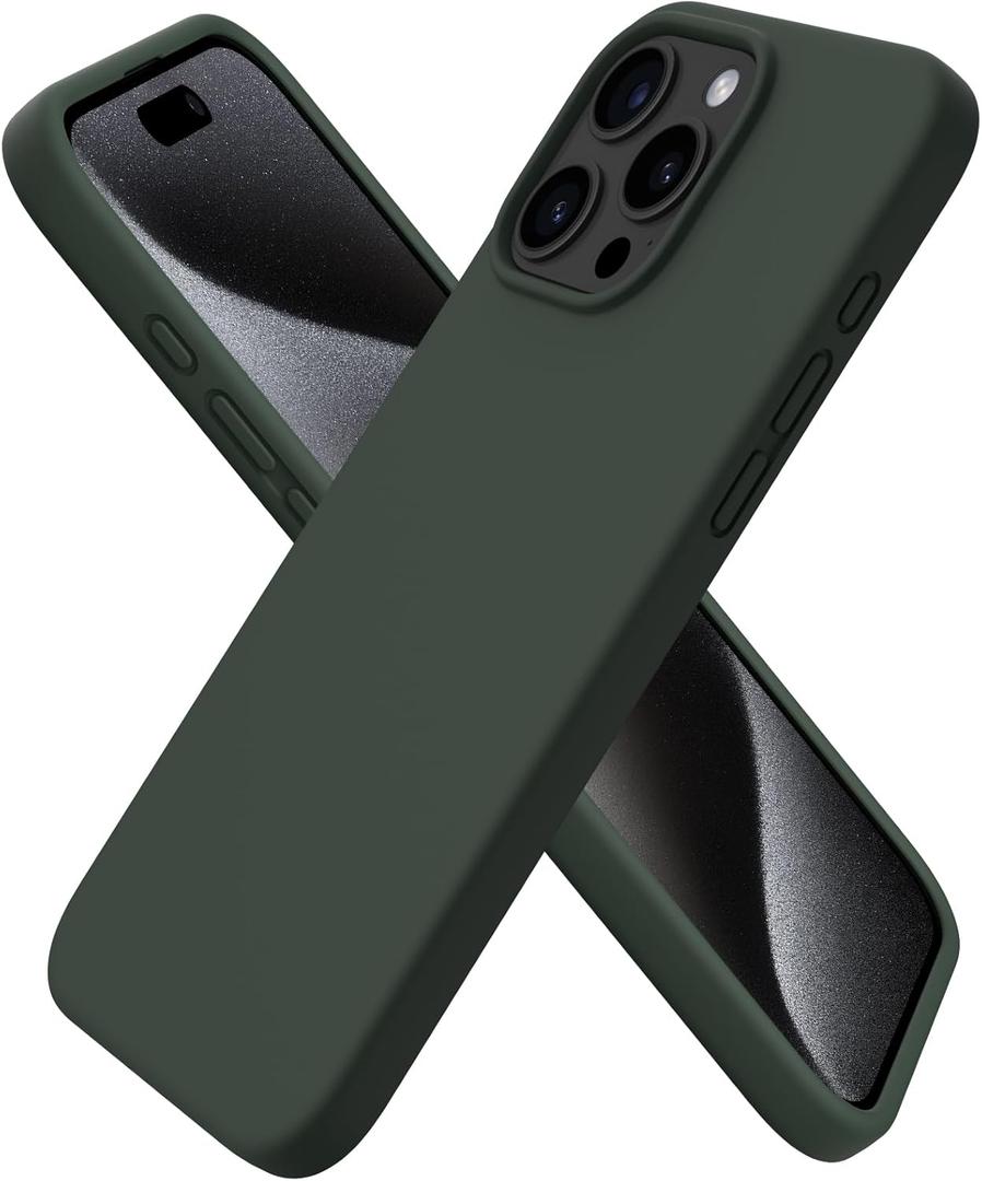 ORNARTO Compatible with iPhone 15 Pro Max Case 6.7", Slim Liquid Silicone 3 Layers Soft Gel Rubber Shockproof Protective Phone Cover with Anti-Scratch Microfiber Lining-Mystic Green