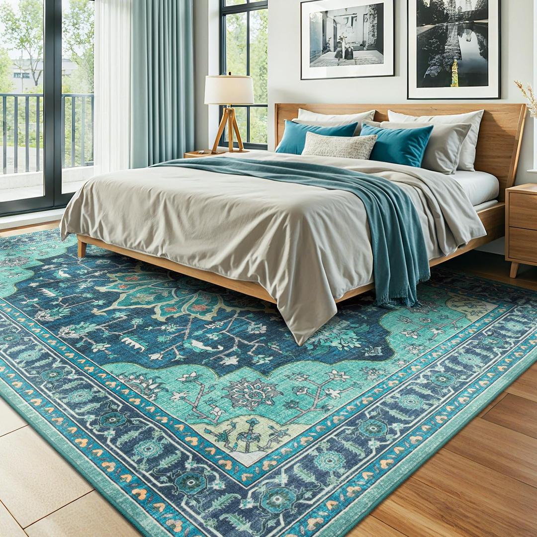 Vibrug Washable Rug for Living Room Bedroom, 8x10 Area Rugs for Dining Room Home Office, Non Slip Low Pile Rug Indoor, Vintage Boho Floral Medallion Carpet, Teal Green